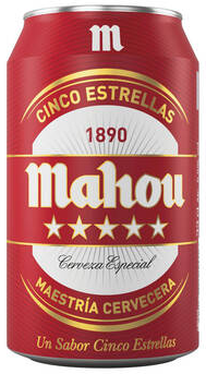 Cerveza Mahou 5 Estrellas, bote 33 cl.